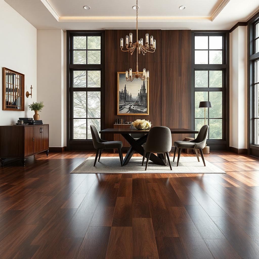 Dark walnut hardwood flooring in a dining room