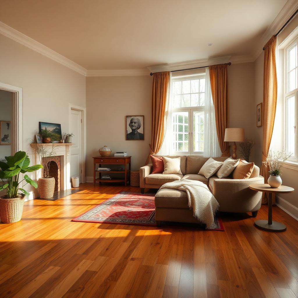 A warm residential room with hardwood floors